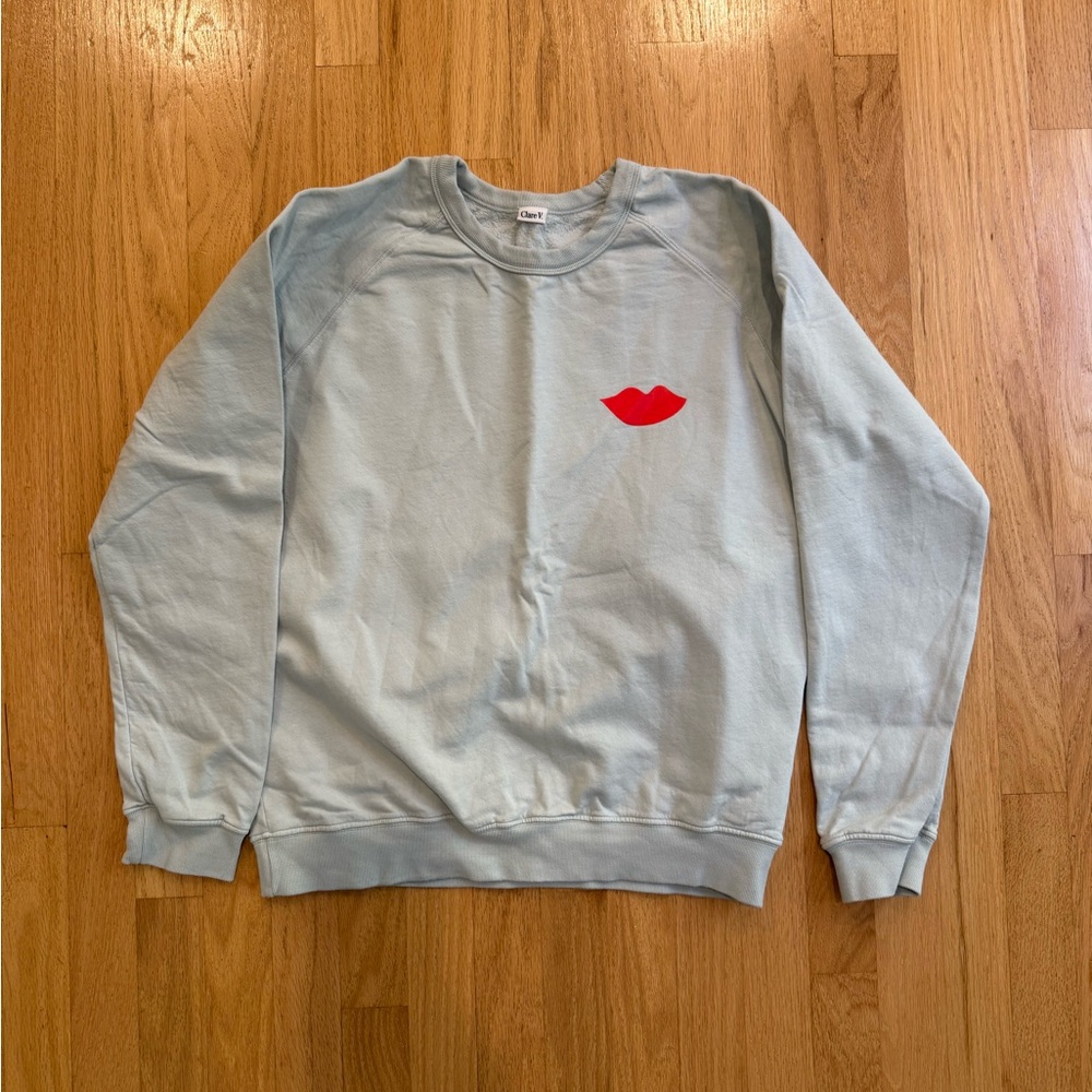 Clare V Size Medium Light Blue Sweatshirt with Red Lips Design
